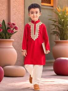 Young Boys 2 Pieces Set, Ramadan Elegant Shirt With Golden Embroidery Collar And Front, White Woven Trousers, Suitable For Daily Outing, Banquet, Prayer - Red - View 1