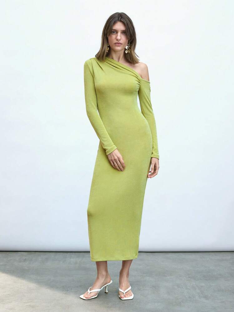 SHEIN Maija Green Asymmetrical Neck Ruffle Trim Fitted Mid-Calf Dress, Fashionable Minimalist Slimming Soft Comfortable Versatile Elegant Ladies Spring/Summer Dress, Suitable For Holidays