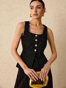 Poéselle Conjunto elegante de 2 piezas para mujer, compuesto por un chaleco de cuello cuadrado de una sola hilera y una falda midi plisada