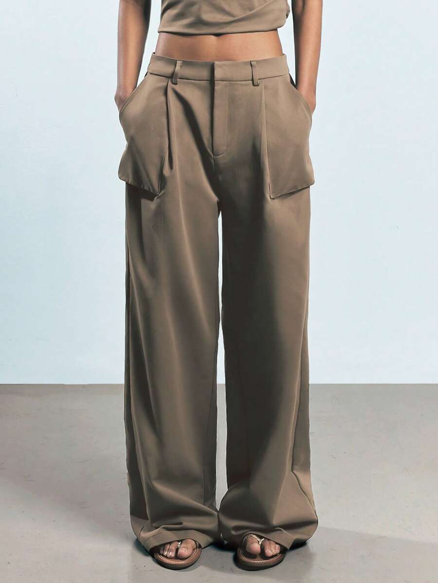 Maija Women's Casual Solid Color Low Waist Wide Leg Suit Pants,Festival - Coffee Brown - View 1