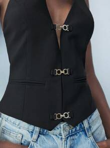 Maija Parte superior de camisola con diseño de hebilla de unicolor, sexy cuello halter, para festival