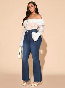 SHEIN BAE Plus Size Women White Elegant Lace Off-Shoulder Flare Sleeve, Ruched Bodysuit Suitable For Commute, Night Out, Afternoon Tea