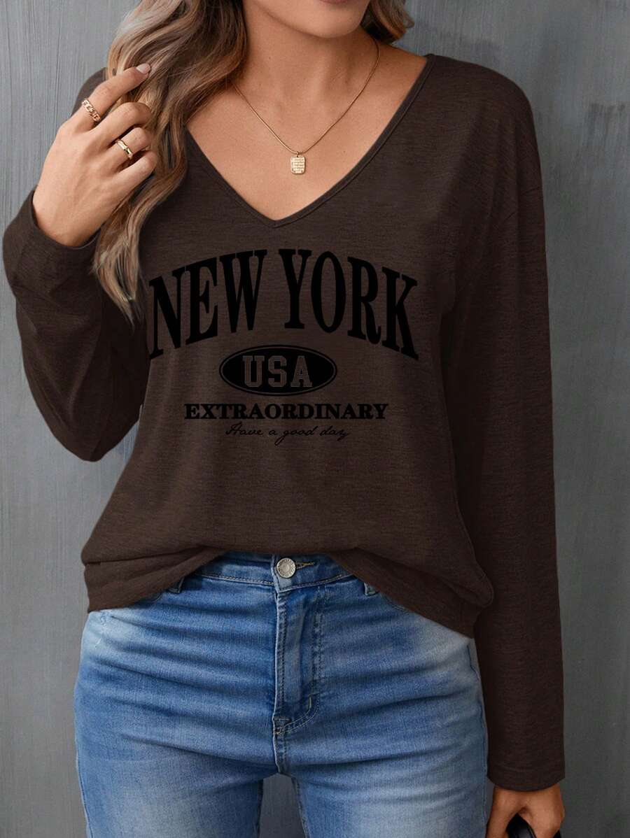 SHEIN LUNE 纽约美国格言图案 V 领长袖 T 恤，适合春秋季节 - 棕色 - 查看 1