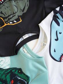 3pcs Young Boys Leisure Street Japanese And Korean Cute Loose Card Cute Cartoon Dinosaur Printed Round Neck Short Sleeve T-Shirt Multi Piece Set Suitable For Daily Travel, Sports, Home Vacation Wearing Suitable For Spring And Summer Festivals