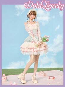 Dola Lovely 女士休闲时尚防滑粗跟厚底蓝色可爱卡哇伊蝴蝶结高跟鞋