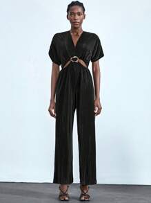 Lumivelle 1 件女式深 V 领金属装饰连体裤，女式褶皱时尚百搭编织黑色优雅连体裤 - 黑色 - 查看 3