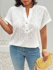 Breezaya Plus Size V-Neck Button Accent Raglan Short Sleeve Jacquard Simple T-Shirt - White - View 1