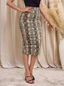 SHEIN Lavishia Falda lápiz con patrón de piel de serpiente bajo con abertura - Multicolor - Ver 3