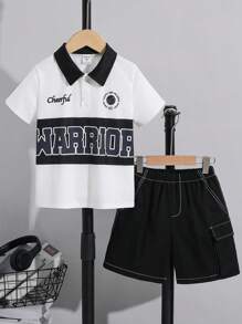 SHEIN Leap Crew 2pcs/Set Young Boys White Summer Casual Academy Korean Letter Print Polo Collar Short Sleeve Top And Contrast Color Line Cargo Shorts Outfit,Sports - Black - View 1
