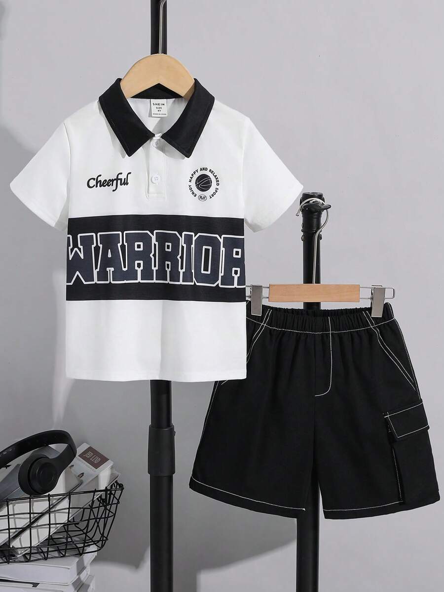 SHEIN Leap Crew 2pcs/Set Young Boys White Summer Casual Academy Korean Letter Print Polo Collar Short Sleeve Top And Contrast Color Line Cargo Shorts Outfit,Sports - Black - View 1