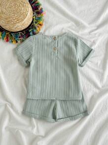 SHEIN 2pcs/Set Baby Boy Casual Textured Fabric Top & Shorts, Set - Multicolor - View 2
