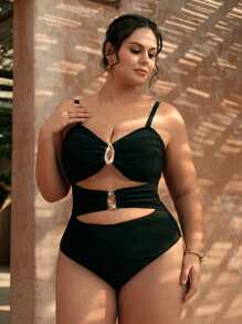 SHEIN Swim Curve Plus Size Women's Black Solid Color Sexy Minimalist Slimming Cut Out Front One-Piece Swimsuit, For Summer Beach Vacation
