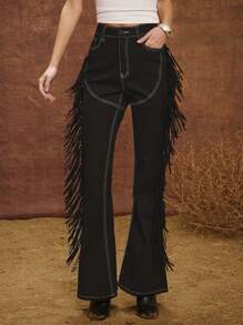 WESTFADE 高腰西部牛仔布混合材质牛仔布和仿麂皮流苏侧边开衩修身喇叭裤音乐节牛仔裤 - 黑色 - 查看 3