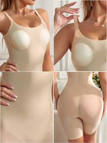 Women's Solid Color Wide Strap Simple Fitted Casual Shapewear Jumpsuit - Apricot - View 4
