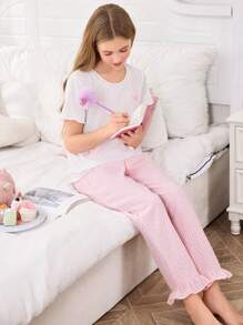 Conjunto de 2 peças de roupa doméstica, Blusa Branca com Laço Elegante e Simples, e Calça com Babado Xadrez Rosa - Rosa chiclete - Visão 6