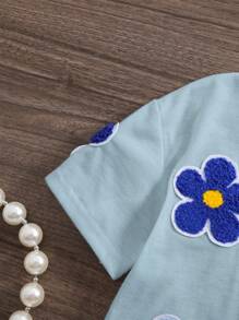 SHEIN 女宝宝短袖圆领T恤简约时尚休闲日常 - 藍色 - 查看 6