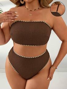 Swim Vcay 2pcs/Set Bikini Segitiga Pinggang Tinggi Wanita Ukuran Plus Warna Polos dengan Tali Bahu Tipis dan Hiasan Kerang, Santai & Kasual, Untuk Liburan Pantai Musim Panas - MultiWarna - View 3
