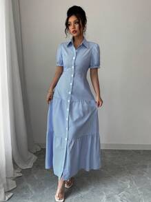 Elenzga Women's Striped Front Button Long Dress - Blue and White - View 7