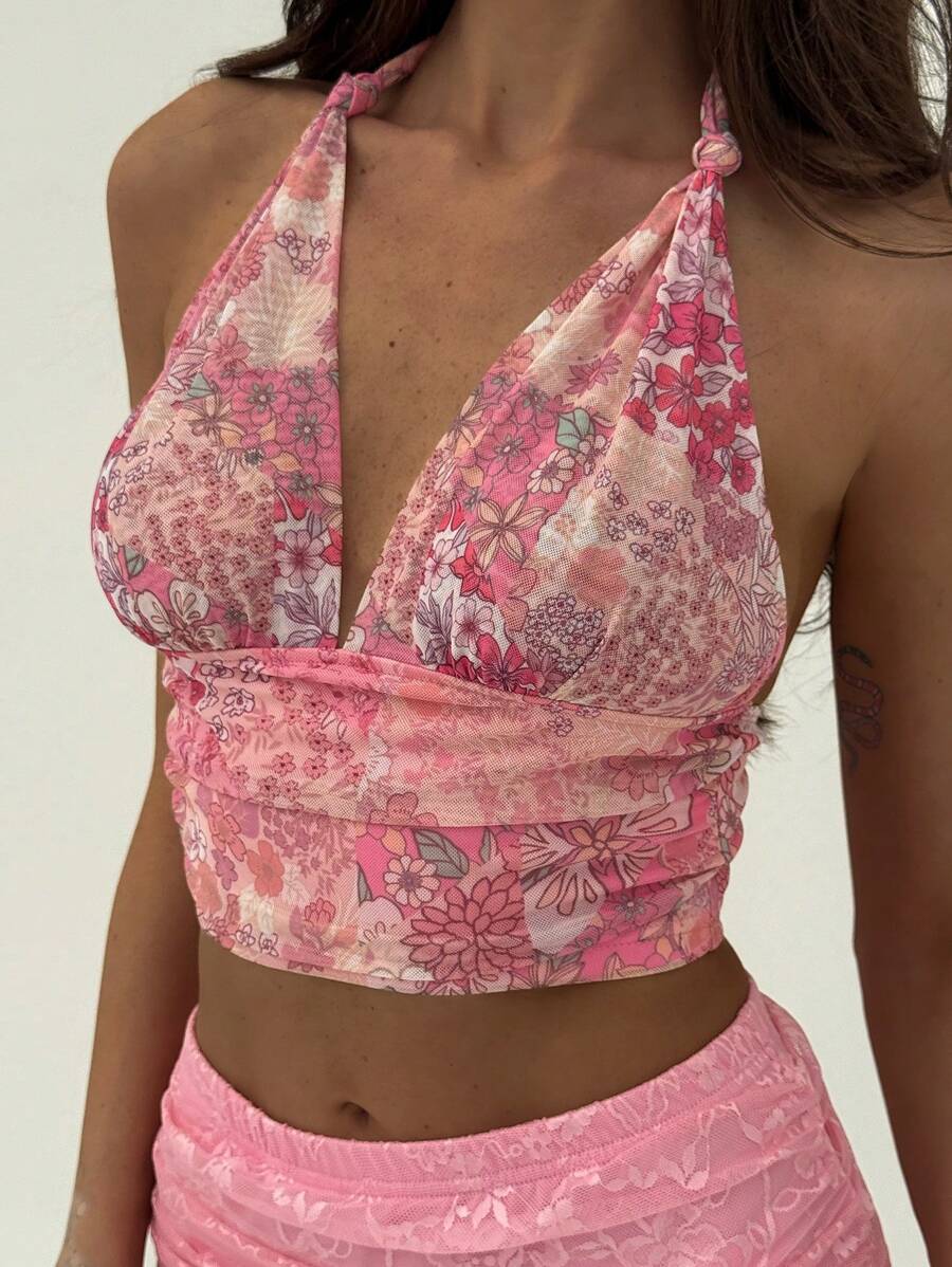 Aloruh 全新复古佩斯利网眼印花性感深 V 吊带露背海滩度假约会吊带背心 - 彩色 - 查看 1