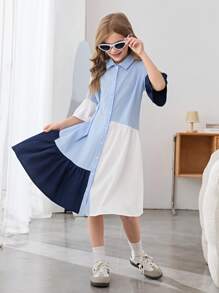 SHEIN Vestido ajustado con mangas de volantes, recortes y volantes para niñas preadolescentes en color liso, casual, adecuado para volver al colegio y uso diario