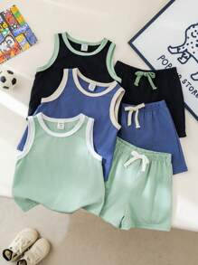 SHEIN 6 Pieces Baby Boys Set: Solid Color Knit Soft Round Neck Sleeveless Top And Elastic Waist Shorts For Boys And Girls - Multicolor - View 3