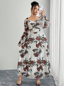 Modelyn Plus Size Elegant Floral Print Flare Sleeve Midi Dress - Multicolor - View 3