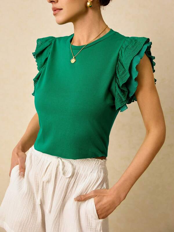 Poéselle Women's Double Layered Frill Short Sleeve T-Shirt, Green Crop Top, Made With Comfy Materials, Featuring Contrast Color Embroidered Wave Edge Sleeves, Suitable For Vacation And Everyday Wear