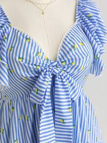 Soleia Plus Size Women Vacation Spring Blue Striped Lemon Printed Cap Sleeve Front Tie Hem Blouse - Multicolor - View 7