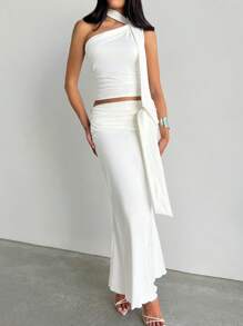 Aloruh Women's Solid Color Ruched Shoulder Top & Mermaid Hem Skirt 2 Pieces Set - White - View 6