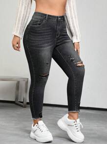 CovetEZ Plus Size Women's Casual Ripped Pockets Skinny Jeans - Black - View 4