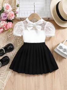 SHEIN Fern Glow  Babygirl Cute Summer Polka Dots Mesh Top & Pleated Mini Skirt 2Pcs Set - White - View 6