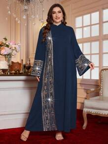 Al Najma Plus Size New Elegant Stand Collar Long Sleeve Pearl Embroidery Luxurious Ladies Robe Classy Dresses For Women Luxury Dress For Women,Modest - Navy Blue - View 6