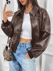 SHEIN EZwear Women's Fashionable New Distressed Leather Jacket, Autumn