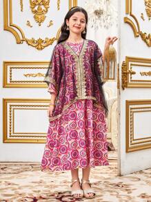 Tween 女童复古印花宽松连衣裙（配网眼罩衫）2 件套