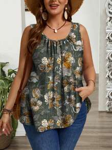 EMERY ROSE Plus Size Loose Ruched Tank Top With Khaki Ditsy Floral, Adjustable Strap, Suitable For Spring/Summer Resort Wear - Multicolor - View 5