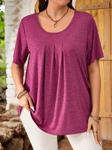 EMERY ROSE 大码女式圆领短袖休闲上衣，日常穿着，女士夏季服装 - 中紫紅色 - 查看 3
