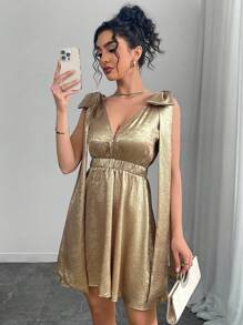 Chiquease Abito da donna monocolore con fiocco metallico e senza maniche - Dorato - Visualizzare 3