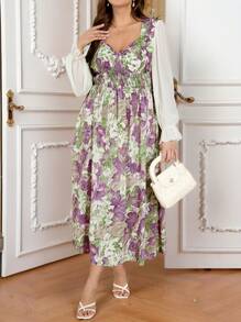 SHEIN Frenchy Robe de femme grande taille élégante et romantique avec impression de surpiqûre, bordure de taille, couleur bloc, col V en mousseline, modeste, convient pour la Saint-Valentin