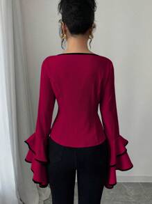 Elenzga Design Sense 圆领直肩长款喇叭袖双层彩边女式收腰衬衫