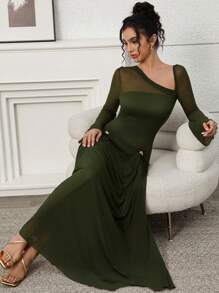 Modelyn V-Neck Ruched Waist Women Extra Long Dress, Urban Elegant Women Extra Long Dress,Summer Outfits For Women,Mesh Dress