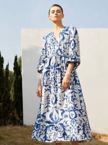 Aveloria Modichic European And American Style Elegant Luxury Elegant Lantern Sleeve V-Neck Cinched Waist A-Line Women Long Dress