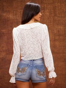 WESTFADE Spring Lace Ruffle V Neck Bow Tie Front Long Sleeve Sheer Poet Crop Top - White - View 2