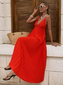 Travachic Váy ngủ xếp ly chữ A cổ chữ V sâu cho nữ, dài - Đỏ - Xem 4