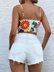 SHEIN VCAY Ladies White Floral Summer Boho Vacation Holiday Cami Top,Large Flower Print Multi-Layer Swing Collar Asymmetrical Hem Casual Cami Shirt For - Multicolor - View 6