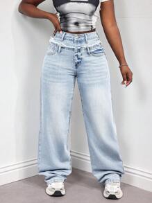 SHEIN Slayr Women's Front Button Pocket Frayed Edge Casual Denim Jeans