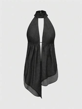 Grunge Punk Top corto de mezclilla con cuello halter, espalda descubierta y dobladillo asimétrico, sexy para mujer