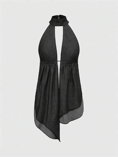 Grunge Punk الأعلى المقصر من الجينز بقطعة منكشفة الظهر وتصميم متساوي الغير متماثل للنساء