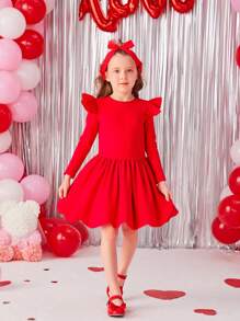 Vestito casual a maniche lunghe con collo tondo e pieghe per ragazze giovani