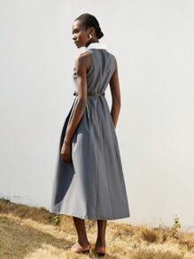 Aveloria Modichic Vestido largo elegante minimalista de alta gama para mujer con cremallera oculta delante y en la cintura, sin mangas y con cinturón de PU