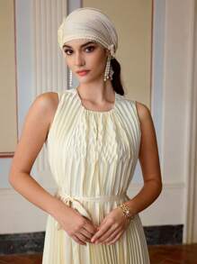 ZEYLAH Women's Crew Neck Sleeveless Pleated Maxi Belted Dress, Satin Dress